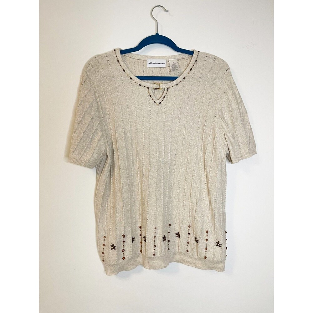 Alfred Dunner Beaded Knit Top XL Cream Short Sleeve Boho Cottagecore Grandmacore